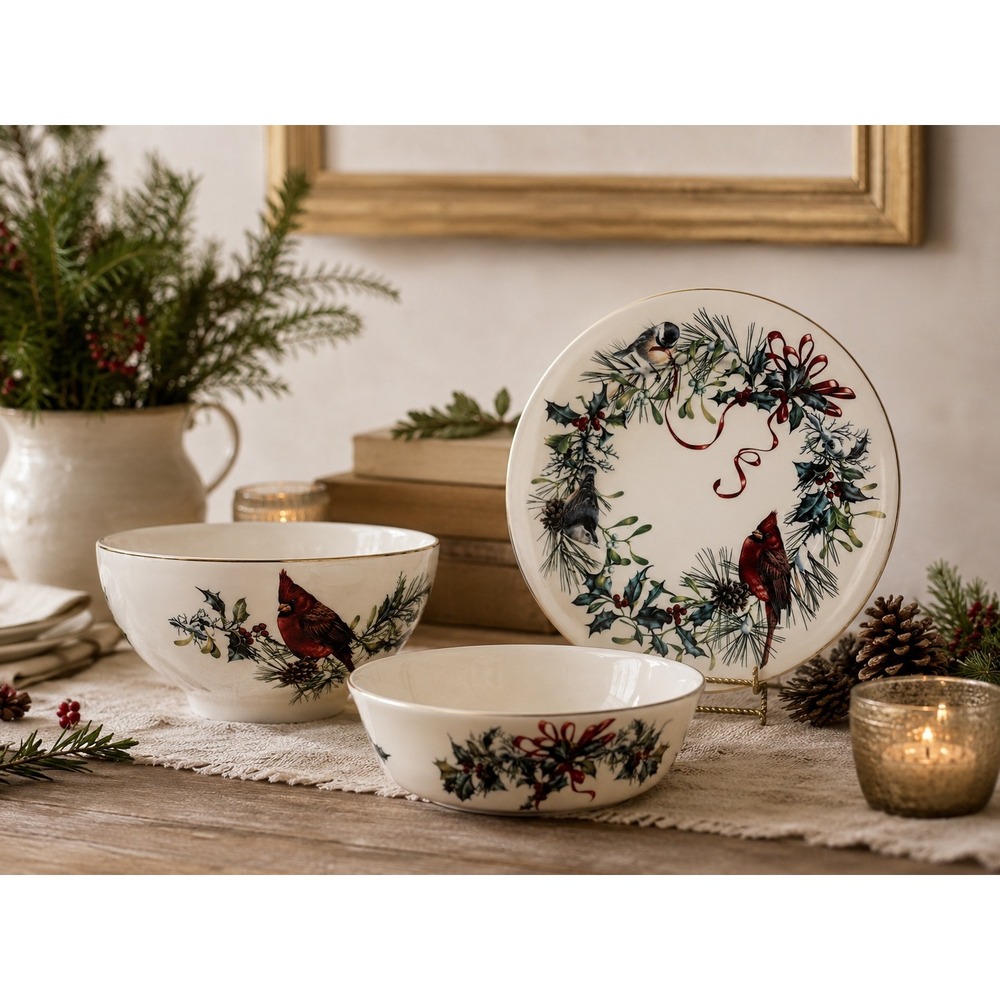 Vtg Lenox Winter Greetings Dinner Plate Bowls Catherine McClung Bone China Bird